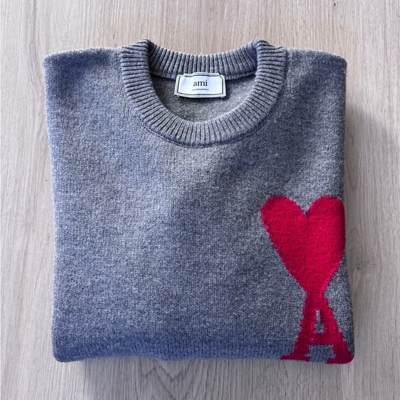 AMI Paris De Coeur Red Heart Intarsia Wool Sweater Grey Oversized Medium Unisex - Picture 12 of 15